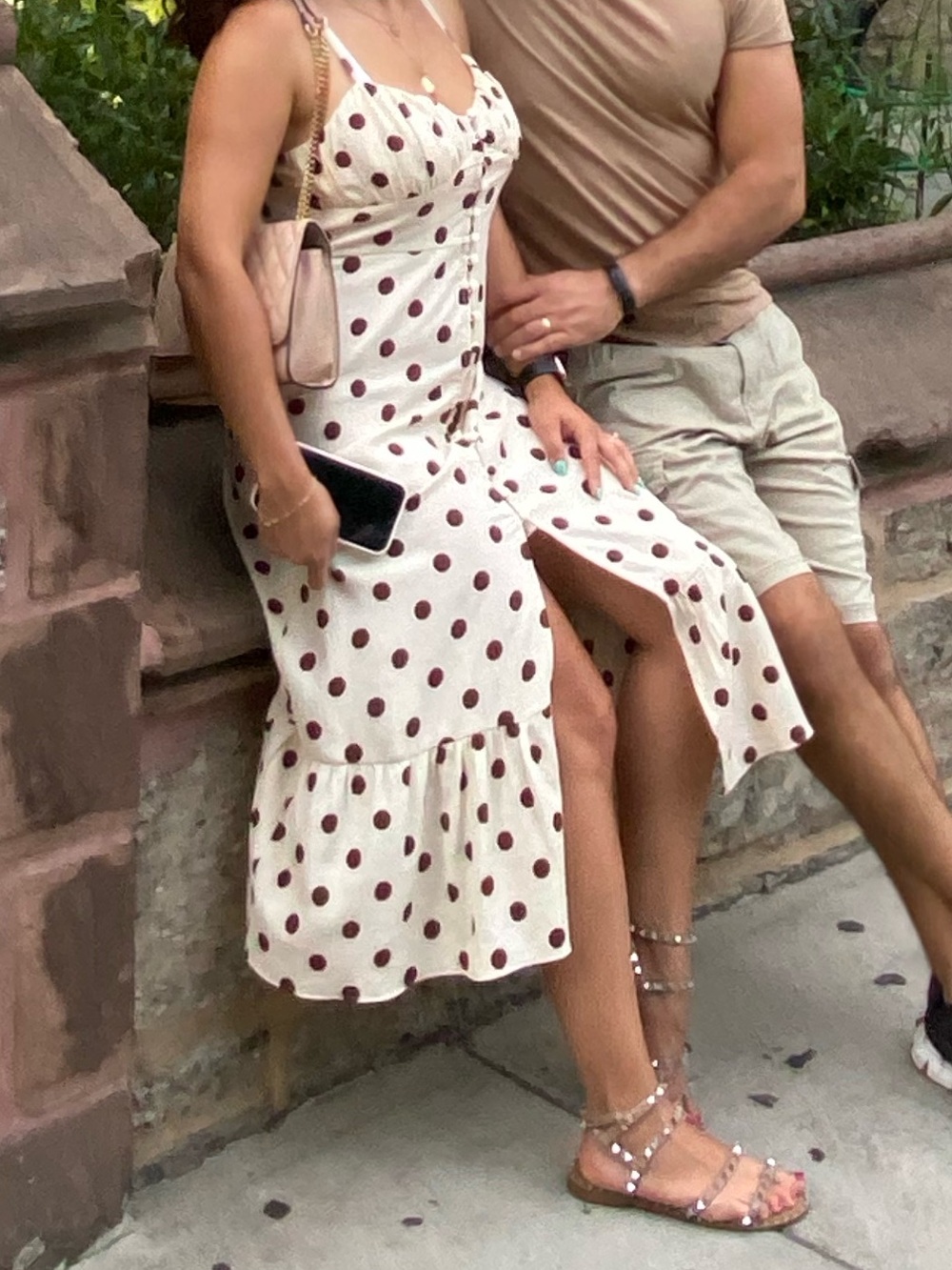 Zara Beige Maxi Slip Dress with Black Polka Dots